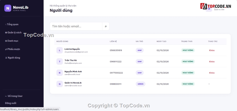 Quản lý thư viện,MVC,website,PHP MVC,web thư viện,đồ án website PHP