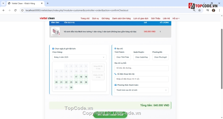 đặt lịch vệ sinh,web dịch vụ,web đặt lịch