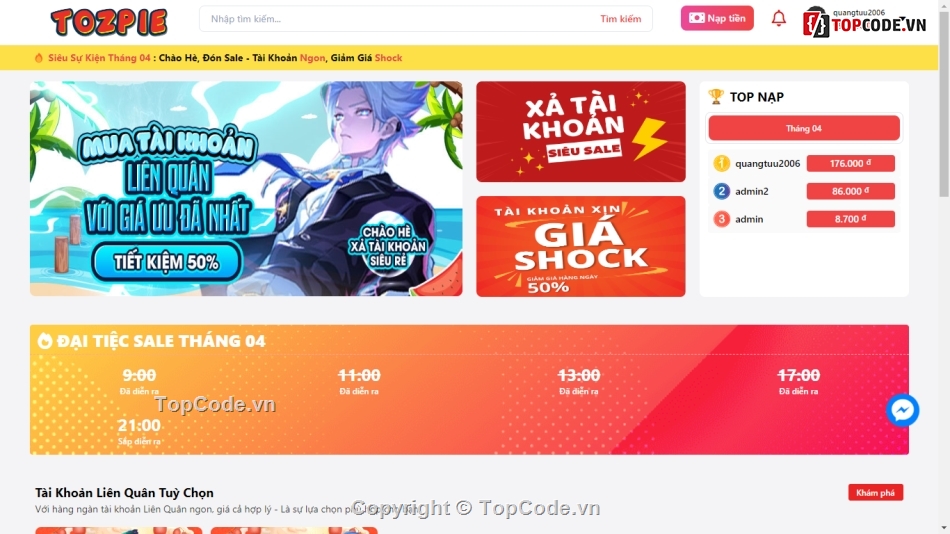 Code Shop Bán Acc lmht,Code Website Game,shopacc,shopfreefire,shoplienquan