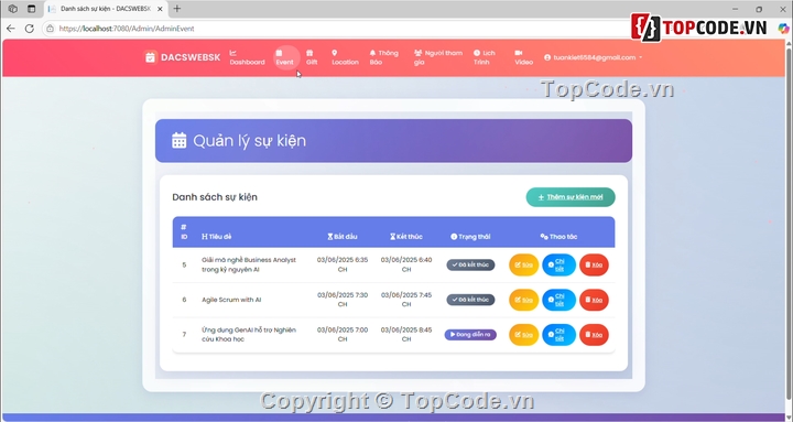 web sự kiện,Hệ thống quản lý sự kiên,Quản lý sự kiện