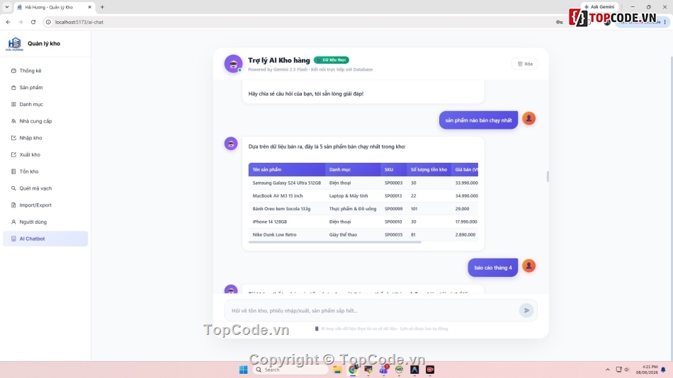 Hệ thống quản lý kho hàng,Đồ án tốt nghiệp quản lý kho,đồ án tốt nghiệp quản lý kho full báo cáo ppt,Đồ án quản lý kho hàng tích hợp chatbot,Đồ án kho hàng chatbot AI,full báo cáo