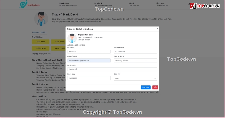 Đặt lịch khám bệnh online,web đặt lịch khác,web khám bệnh,Nodejs lịch khám