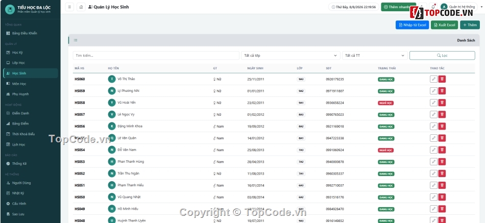 Full code Quản lý,Quản lý học sinh,Quản lý lớp học