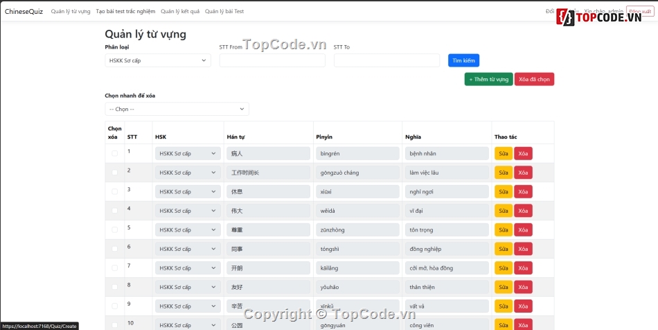 .NET MVC,Quản lý và kiểm tra từ vựng tiếng Trung,PostgreSql,code phần mềm quản lý C#,Học từ vựng tiếng Trung,full code phần mềm quản lý