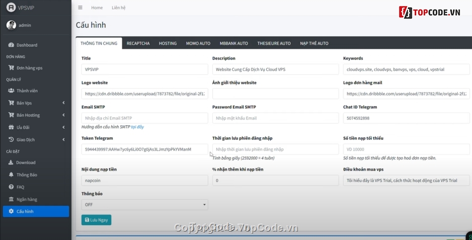 VPS,Code web bán dịch vụ VPS,tích hợp nạp tiền,Thông Báo Tele