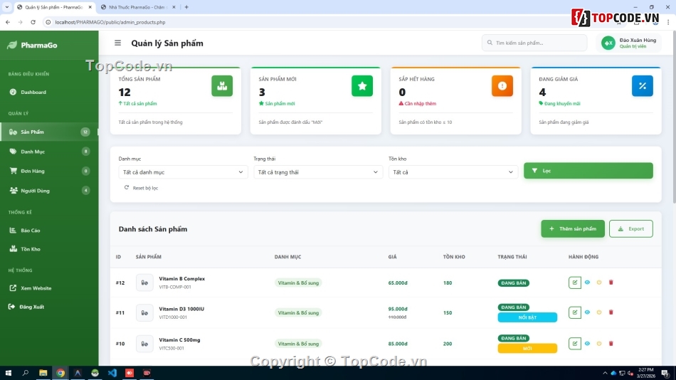 Quản lý nhà thuốc online,Đồ án website bán thuốc PHP Laravel,Full code website dược phẩm,Website quản lý kho dược phẩm,Thiết kế web nhà thuốc chuyên nghiệp,Đồ án tốt nghiệp hệ thống quản lý nhà thuốc