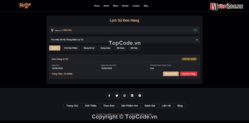 Website đặt món ăn trực tuyến,Hệ thống quản lý nhà hàng PHP,Thanh toán PayPal tích hợp PHP,Source code bán đồ ăn PHP PDO