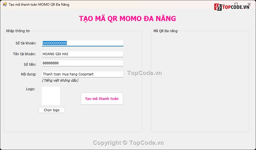 Tools tạo mã QR Momo đa năng C#,Tools tạo mã QR Ngân Hàng Momo đa năng,Tools tạo mã QR code đa năng C#,Phần mềm tạo mã QRcode đa năng
