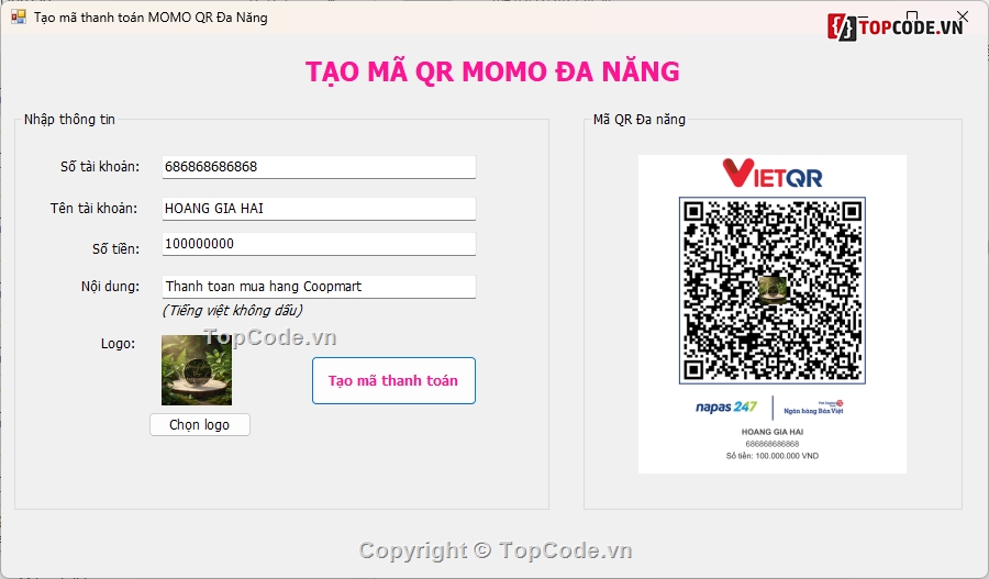 Tools tạo mã QR Momo đa năng C#,Tools tạo mã QR Ngân Hàng Momo đa năng,Tools tạo mã QR code đa năng C#,Phần mềm tạo mã QRcode đa năng