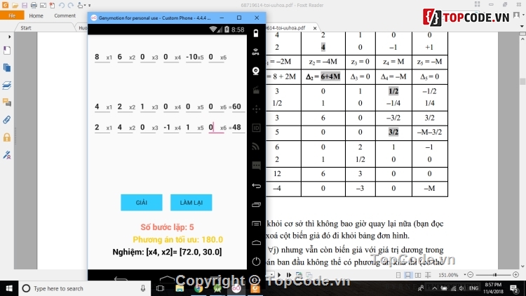 Ứng dụng android,Tối ưu hóa,quy hoạch tuyến tính,thuật toán đơn hình,code java,giải thuật toán đơn hình