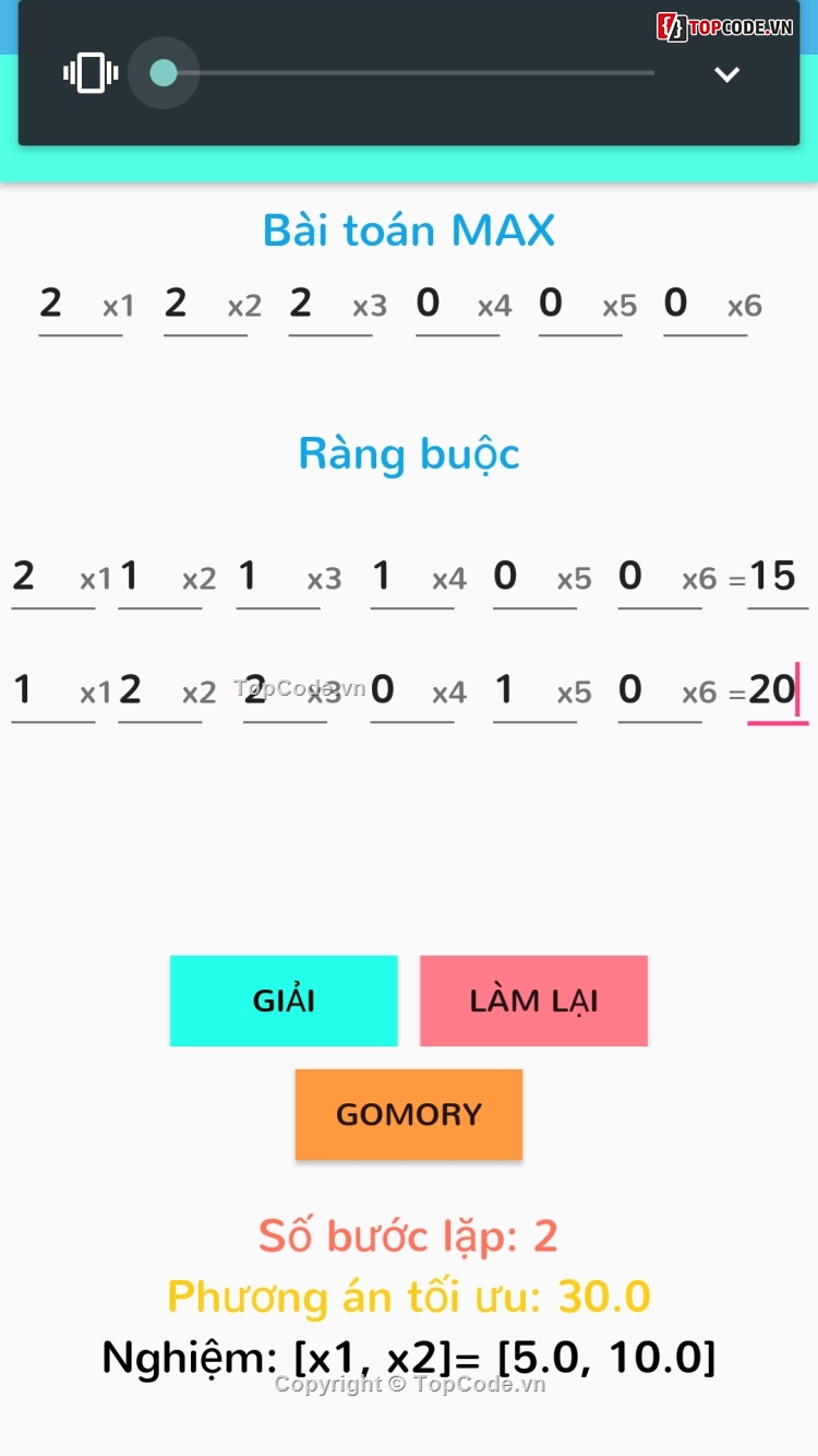 Ứng dụng android,Tối ưu hóa,quy hoạch tuyến tính,thuật toán đơn hình,code java,giải thuật toán đơn hình