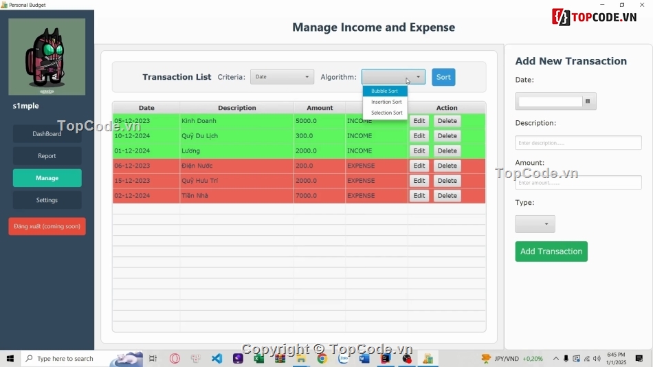 Quản lý chi tiêu,JavaFX,Cây nhị phân,Sắp xếp Bubble sort,Ứng dụng quản lý,Thuật toán sắp xếp