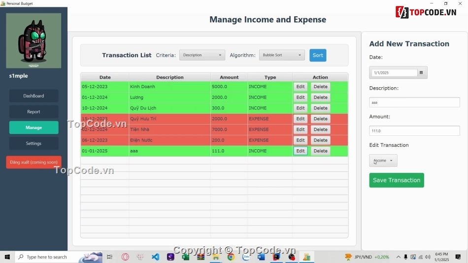 Quản lý chi tiêu,JavaFX,Cây nhị phân,Sắp xếp Bubble sort,Ứng dụng quản lý,Thuật toán sắp xếp