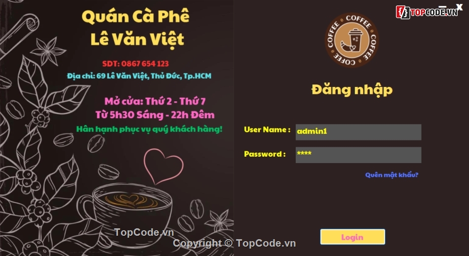 quản lý cà phê,Ứng dụng,quản lý cà phê C#