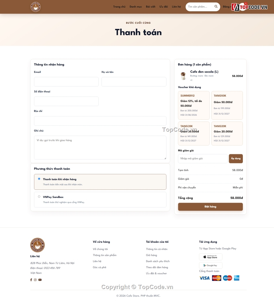 website bán cà phê,PHP MySQL,source code bán hàng,đồ án PHP,VNPay PHP,quản lý đơn hàng