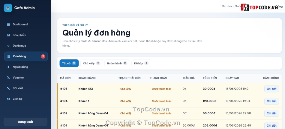 website bán cà phê,PHP MySQL,source code bán hàng,đồ án PHP,VNPay PHP,quản lý đơn hàng