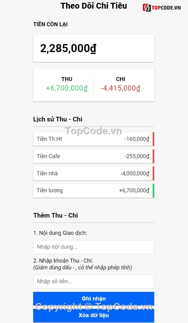 ứng dụng cá nhân,Miniapp cho cá nhân,Source web app,Ứng dụng quản lý chi tiêu,sharecode web ứng dụng,học web app