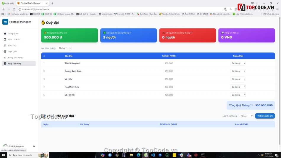 Website quản lý,Web bóng đá,quản lý bóng đá,NodeJS,VueJS
