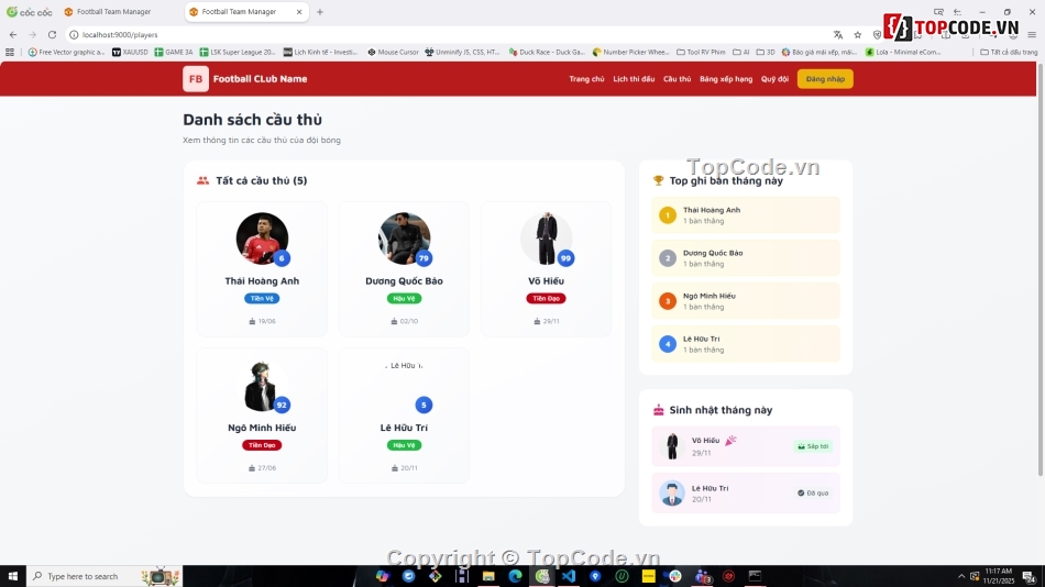 Website quản lý,Web bóng đá,quản lý bóng đá,NodeJS,VueJS
