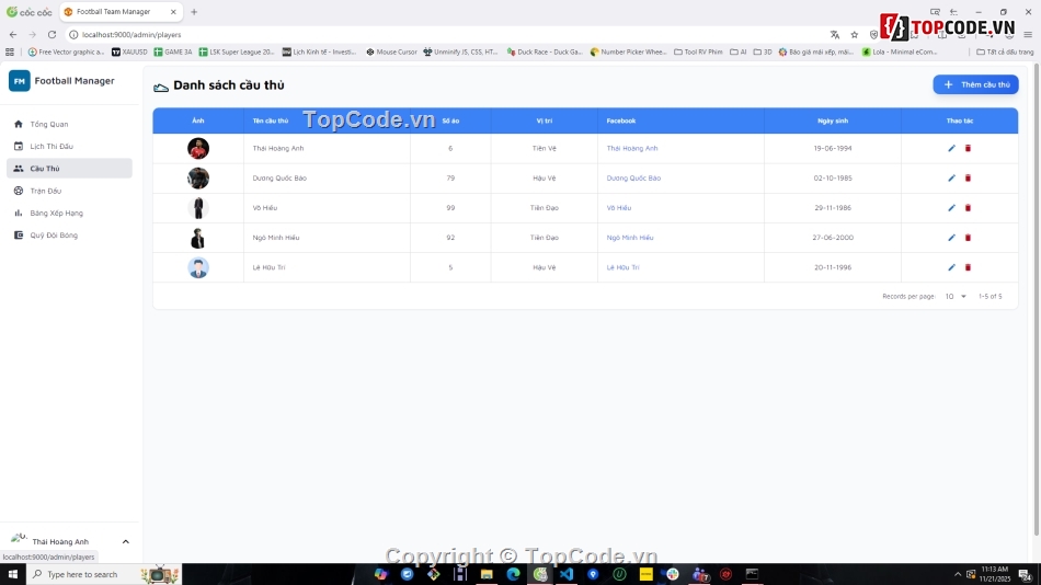 Website quản lý,Web bóng đá,quản lý bóng đá,NodeJS,VueJS