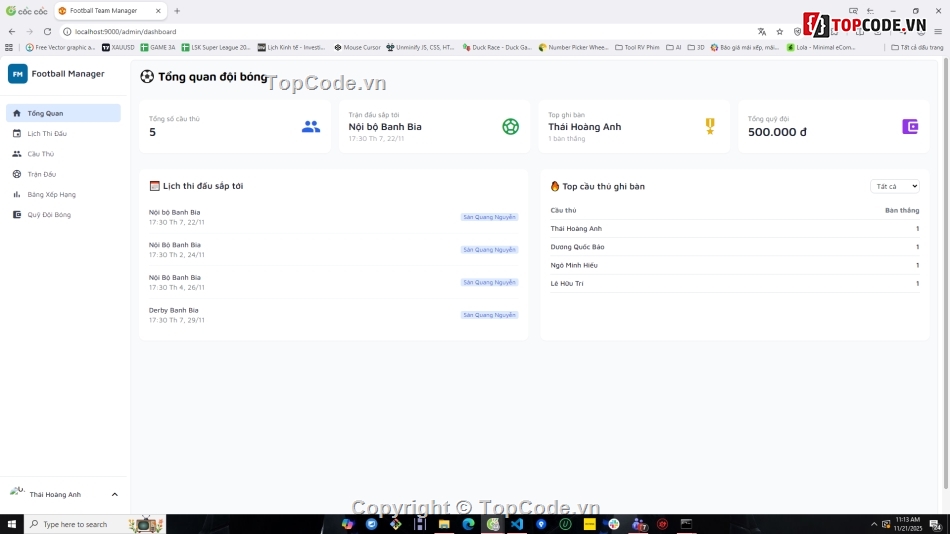 Website quản lý,Web bóng đá,quản lý bóng đá,NodeJS,VueJS