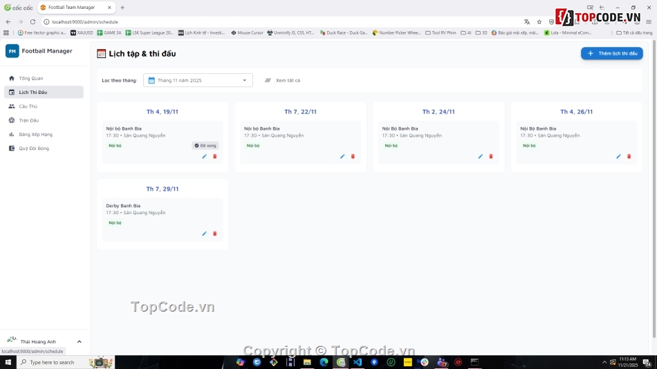 Website quản lý,Web bóng đá,quản lý bóng đá,NodeJS,VueJS