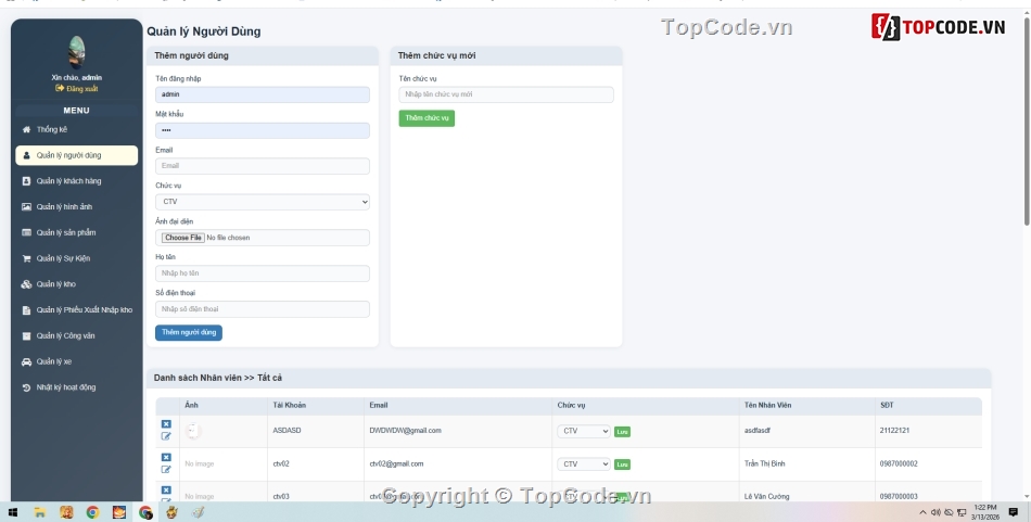 website quản Sự kiện,website quản lý kho,website quản lý nhân sự