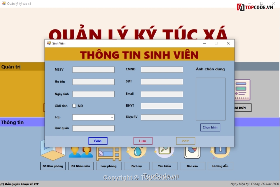 win form C#,SQL,Kí túc xá,Sinh viên,Báo cáo
