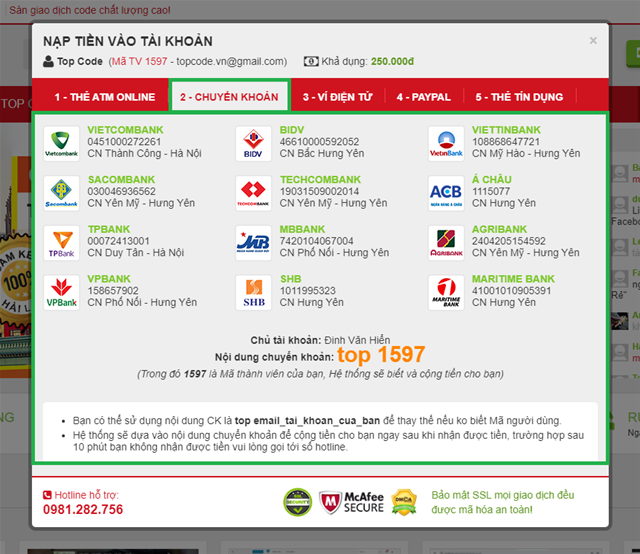 Hướng dẫn nạp tiền vào tài khoản Hướng dẫn nạp tiền, nạp tiền topcode, nạp tiền vào tài khoản, Nạp tiền