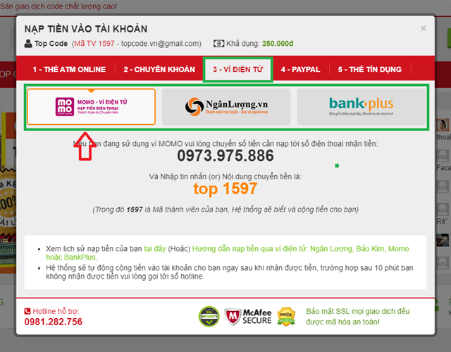 Hướng dẫn nạp tiền vào tài khoản Hướng dẫn nạp tiền, nạp tiền topcode, nạp tiền vào tài khoản, Nạp tiền