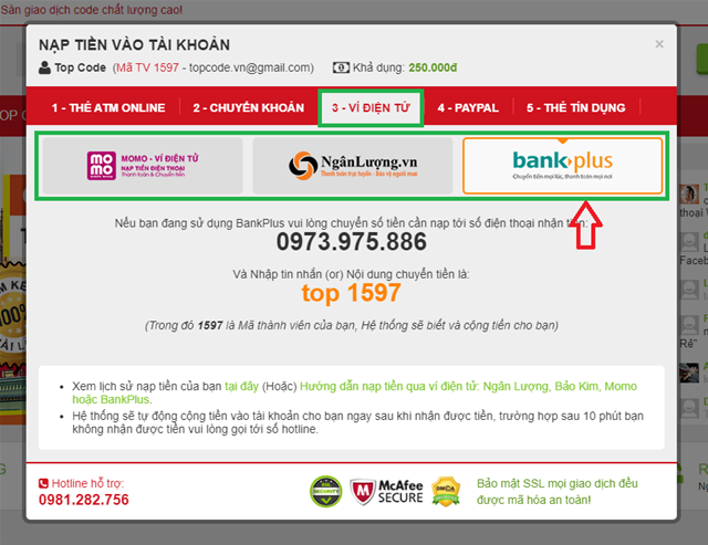 Hướng dẫn nạp tiền vào tài khoản Hướng dẫn nạp tiền, nạp tiền topcode, nạp tiền vào tài khoản, Nạp tiền