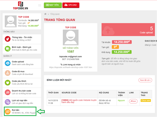 Hướng dẫn rút tiền cho người bán Hướng dẫn rút tiền cho người bán, rút tiền trên topcode.vn, Hướng dẫn rút tiền, Rút tiền Topcode.vn