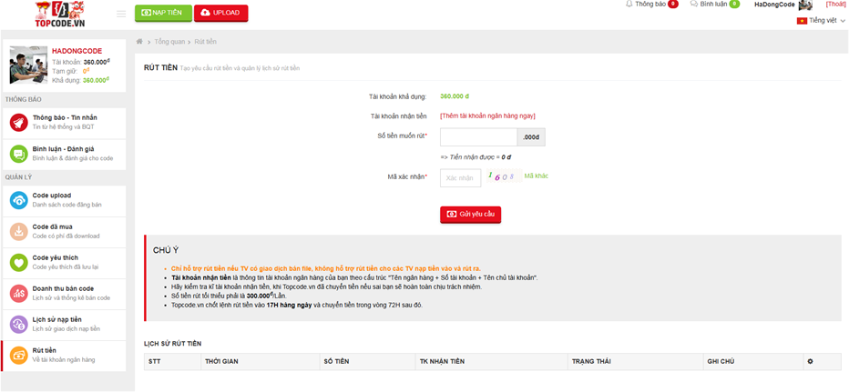 Hướng dẫn rút tiền cho người bán, rút tiền trên topcode.vn, Hướng dẫn rút tiền, Rút tiền Topcode.vn