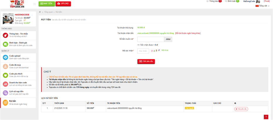 Hướng dẫn rút tiền cho người bán, rút tiền trên topcode.vn, Hướng dẫn rút tiền, Rút tiền Topcode.vn
